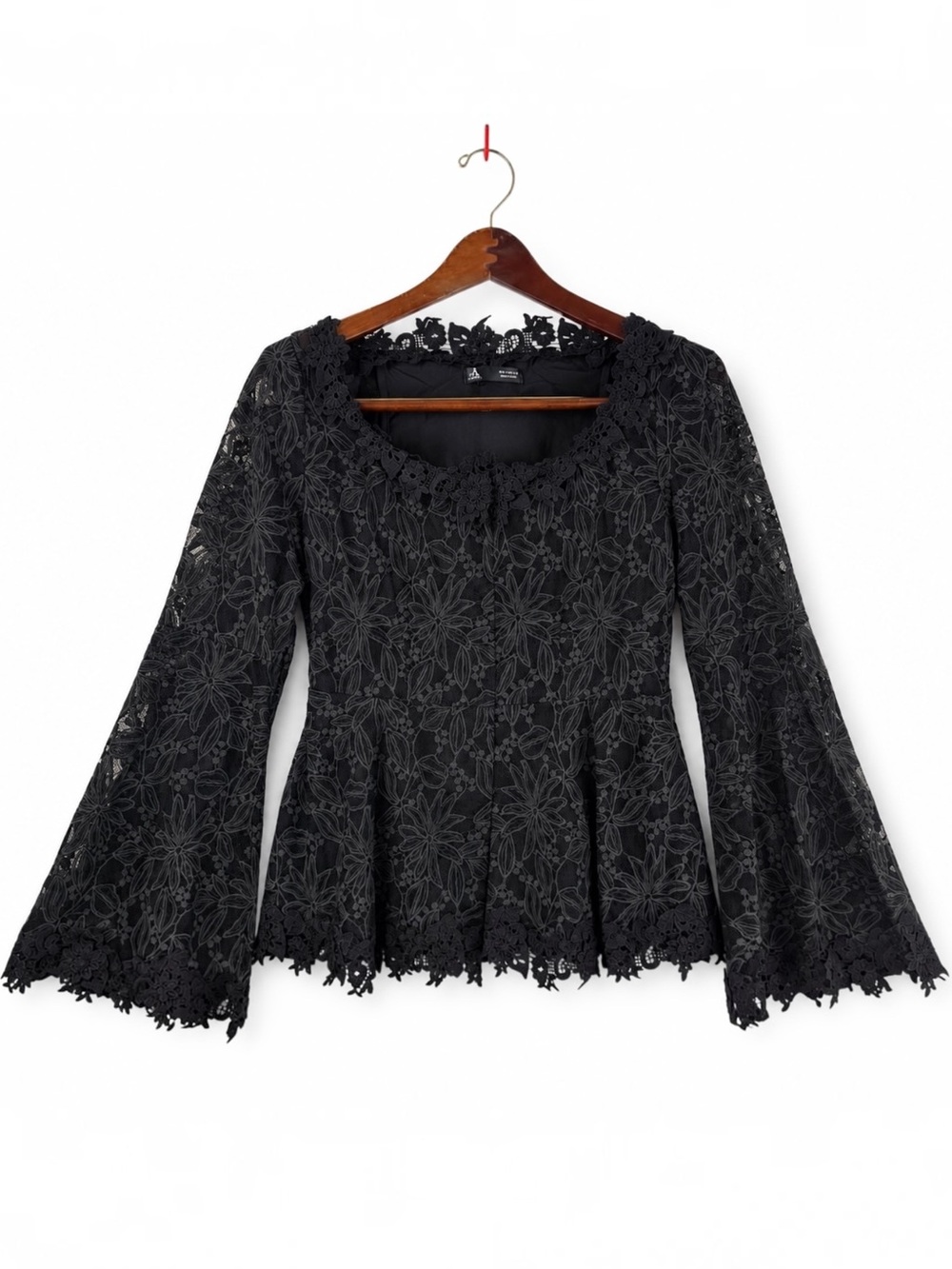 ANEWSTA Black Floral Lace Bell Sleeve Peplum Top S Gothic Romantic